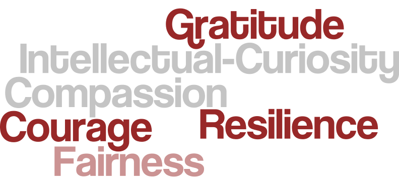 Courage,  Resilience,  Intellectual Curiosity,  Gratitude,  Fairness,  Compassion